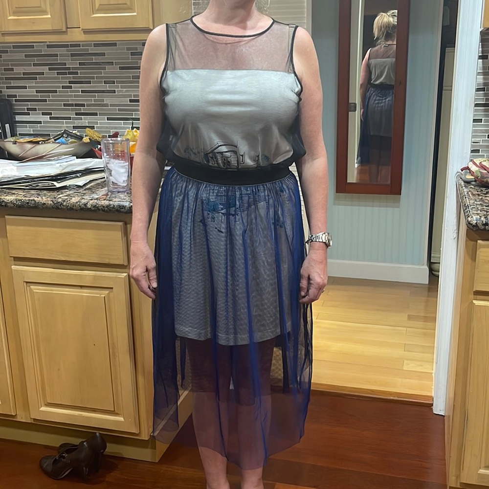 Worn once blue and white dress with artistic flair